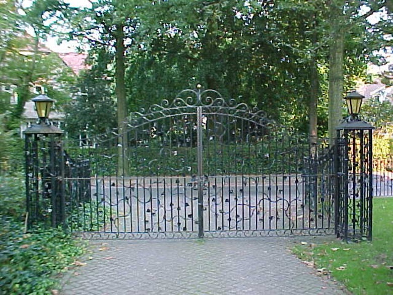 Poort met gesmede krullen en druiven ranken